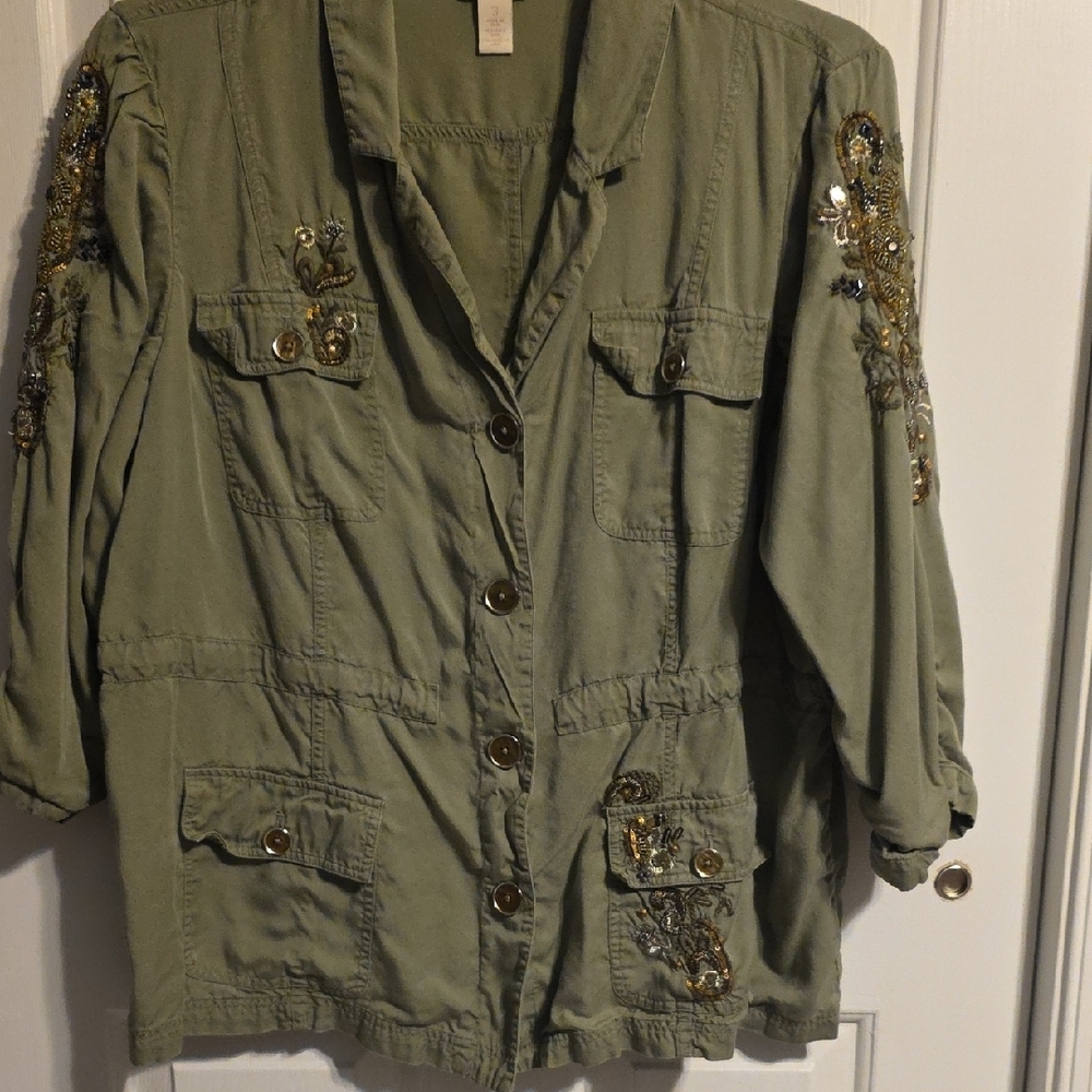 Chico's Olive Embroidered Utility Jacket - Picture 6 of 12